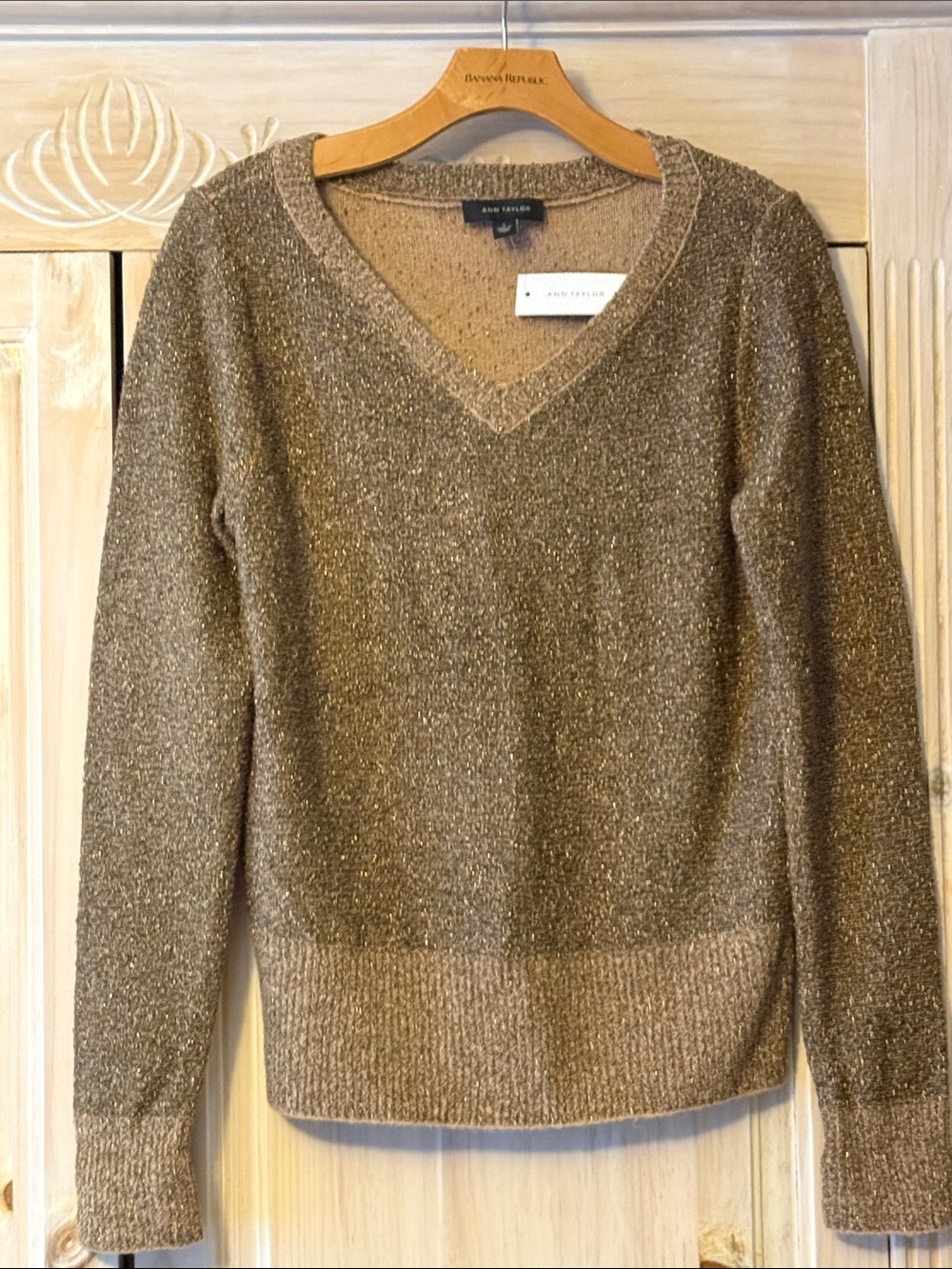 Ann Taylor Metallic Gold-Brown V-Neck Sweater